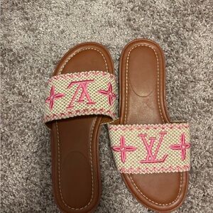 Pink and Tan Slide Sandals